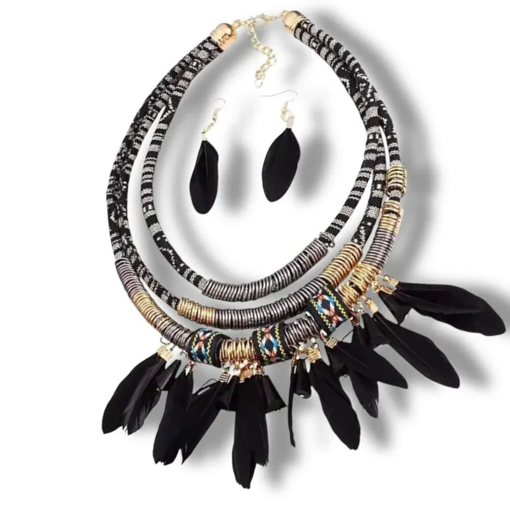 Black Tribal Feathers Necklace and Earrings Set Boho Western -NWT